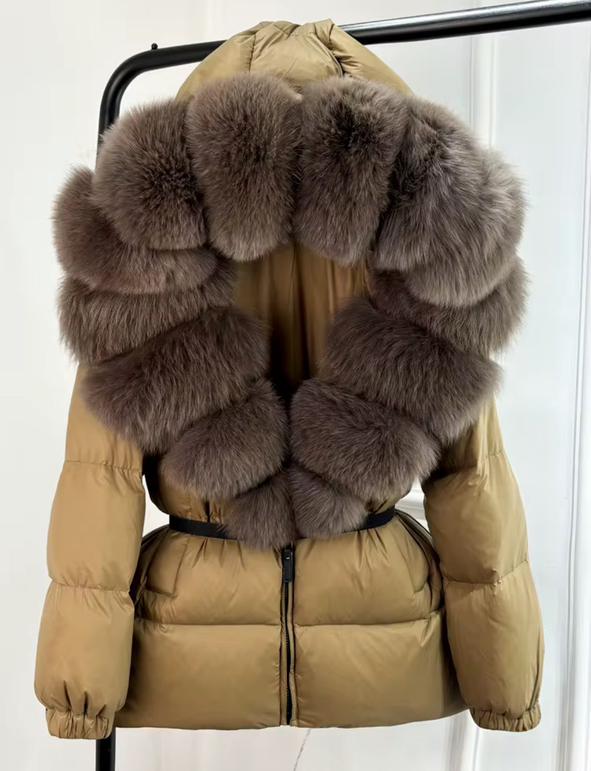 Olive Luxurious Down Jacket with Brown Fox Fur Collar Trim