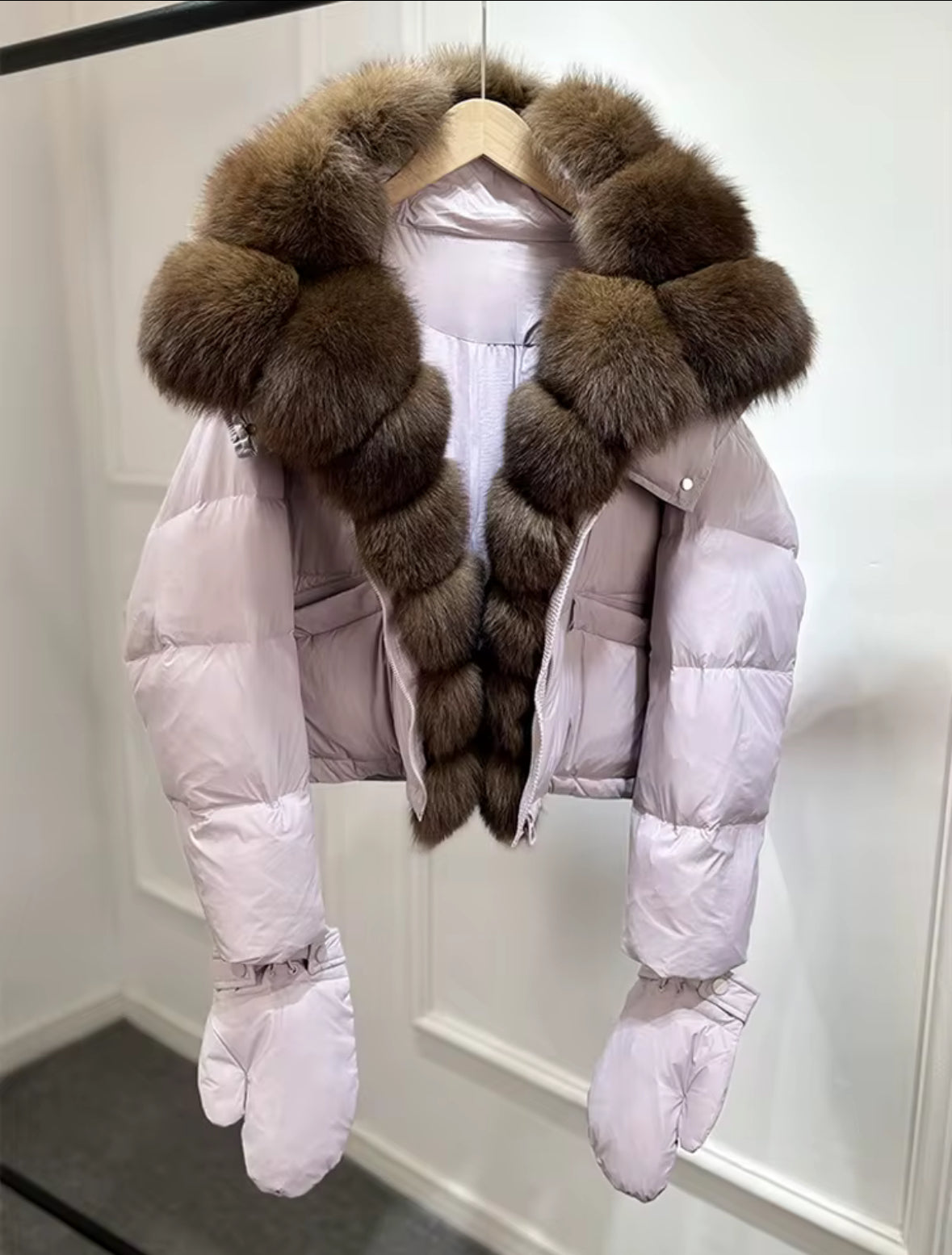 Lilac Short Puffer Jacket with Fox Fur Collar