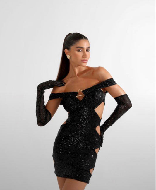 Cut-Out Sequin Dress with Matching Gloves