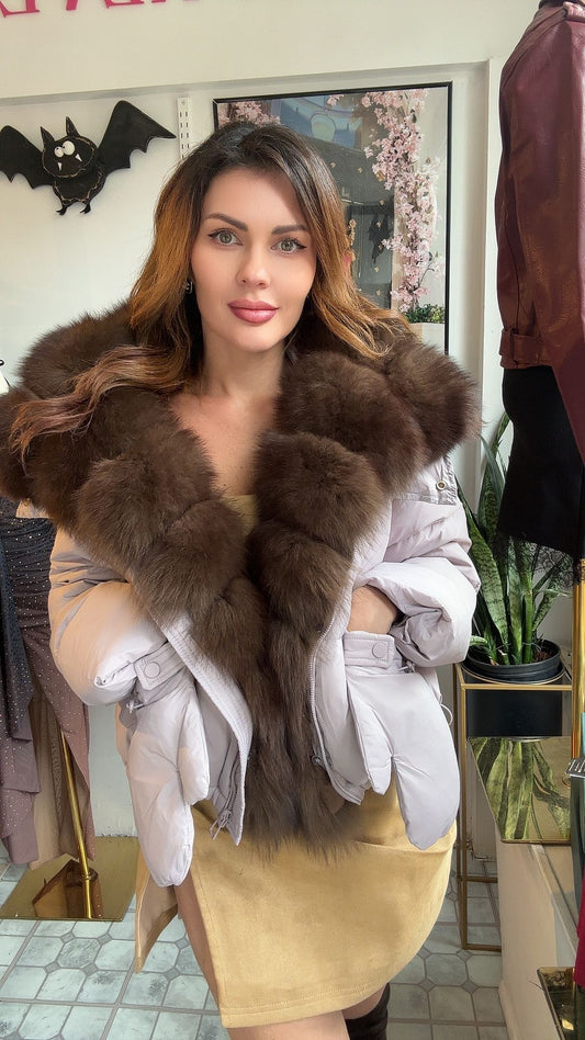 Lilac Short Puffer Jacket with Fox Fur Collar