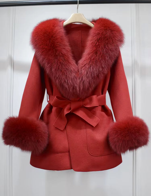 Luxurious Cashmere Wool Jacket with Fox Fur Collar and Cuffs in Red