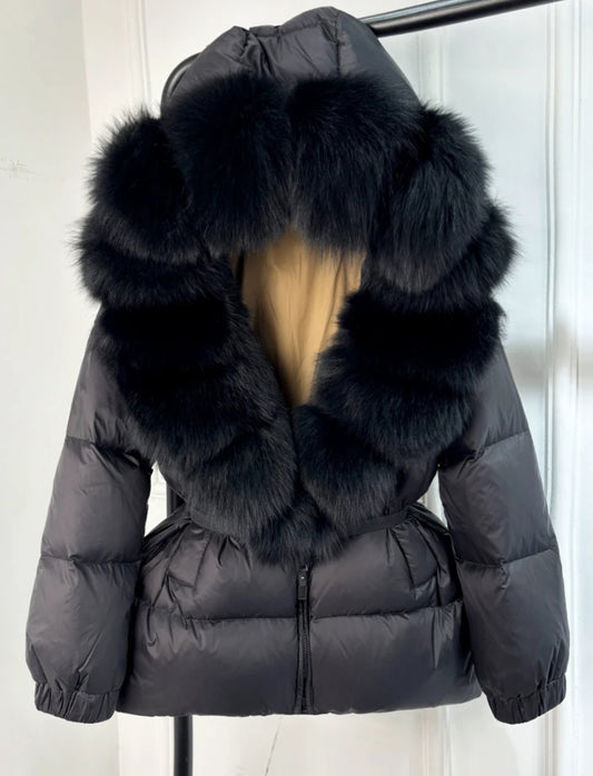 Black Luxurious Down Jacket with Black Fox Fur Collar Trim