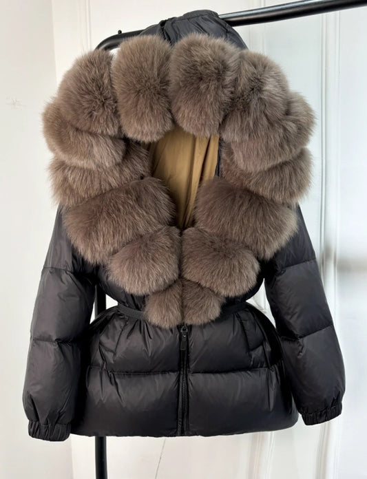 Black Luxurious Down Jacket with Brown Fox Fur Collar Trim